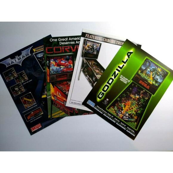 Pinball Flyers Lot Of 4 Games Batman DK Corvette Harley Davidson Godzilla #63 - Picture 1 of 2